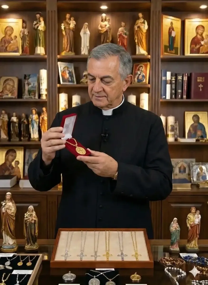 Priest presenting the original Saint Benedict Necklace at the store