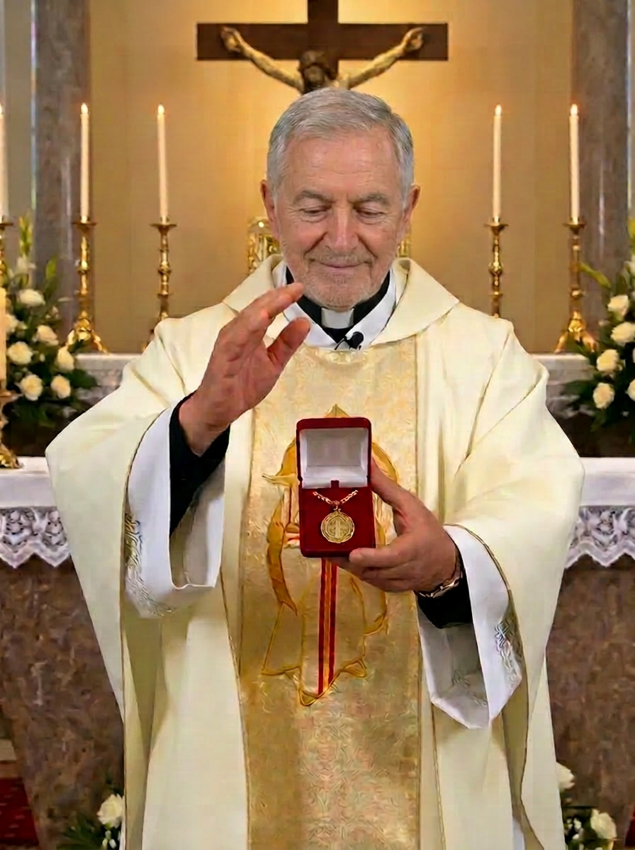 Vatican priest blessing the Saint Benedict Necklace at the altar