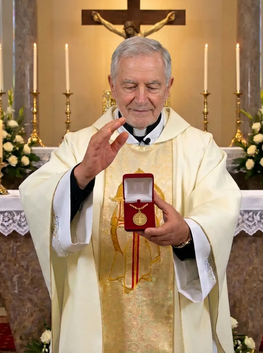 Vatican priest blessing the Saint Benedict Necklace at the altar
